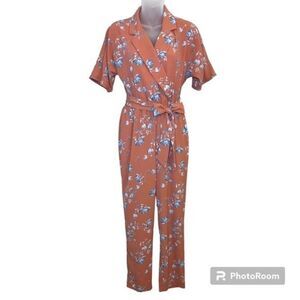 June & Hudson Orange Floral Print Collared Jumpsuit Size Small